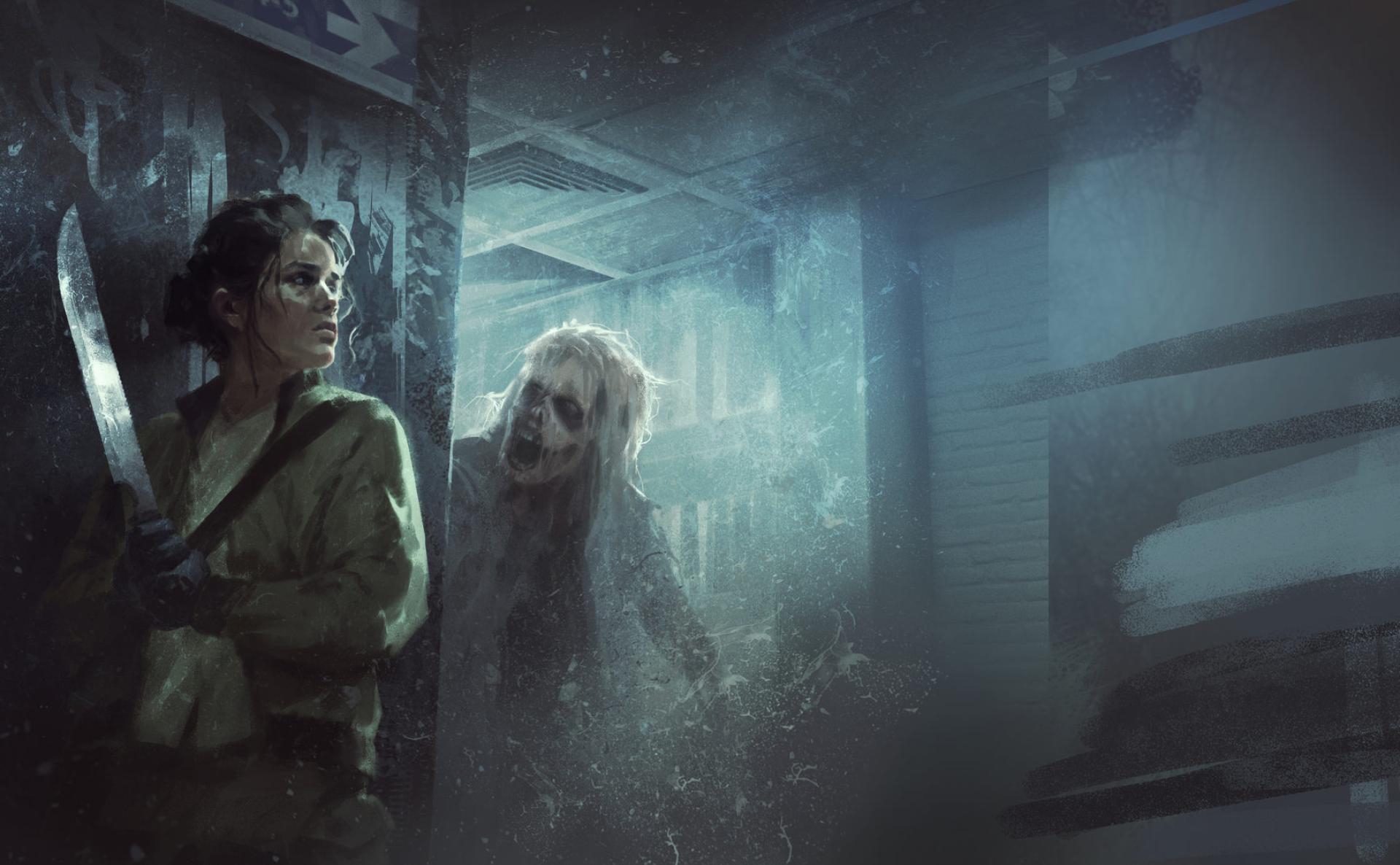 Survivor with a machete greeted by a zombie turning a corner
